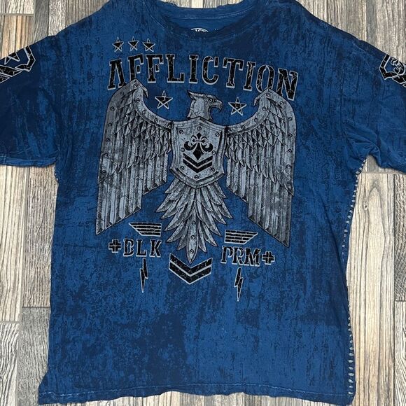 🔥☠️ Y2K AFFLICTION BLK PRM Designer Grunge AOP Graphic Distressed Tee 3XL - EUC - Picture 1 of 14